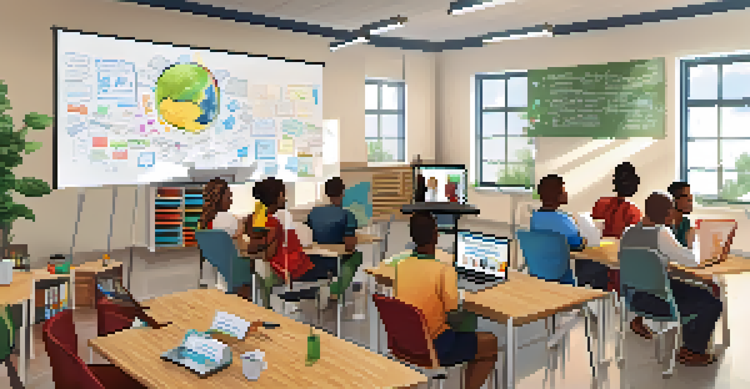 Local educators gathered in a community center discussing online teaching strategies with a collaborative atmosphere.