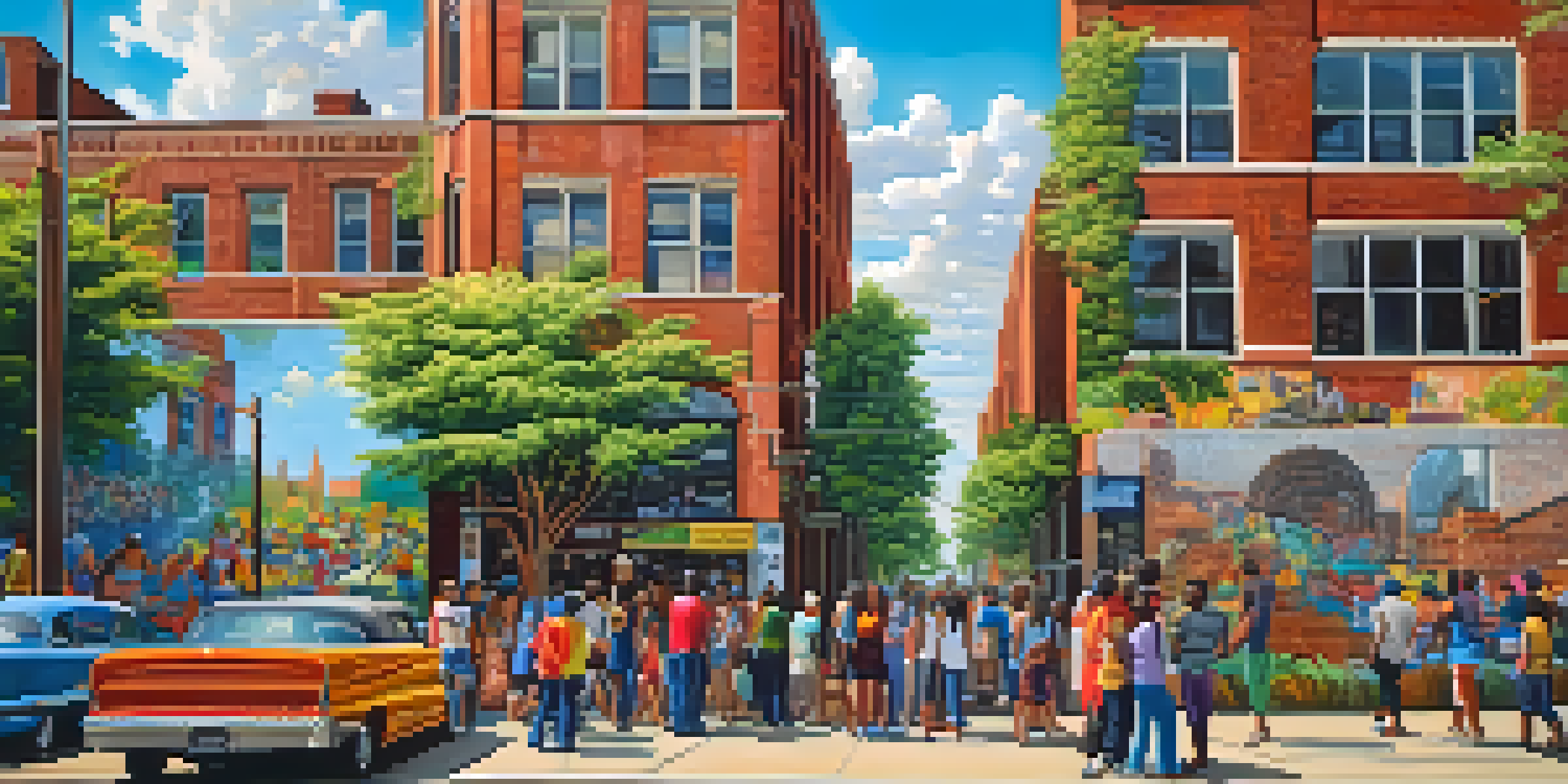 A colorful mural on a brick wall in Detroit with diverse people admiring it under warm afternoon sunlight.