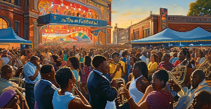 A lively jazz festival scene with musicians performing on stage and an enthusiastic crowd enjoying the music.