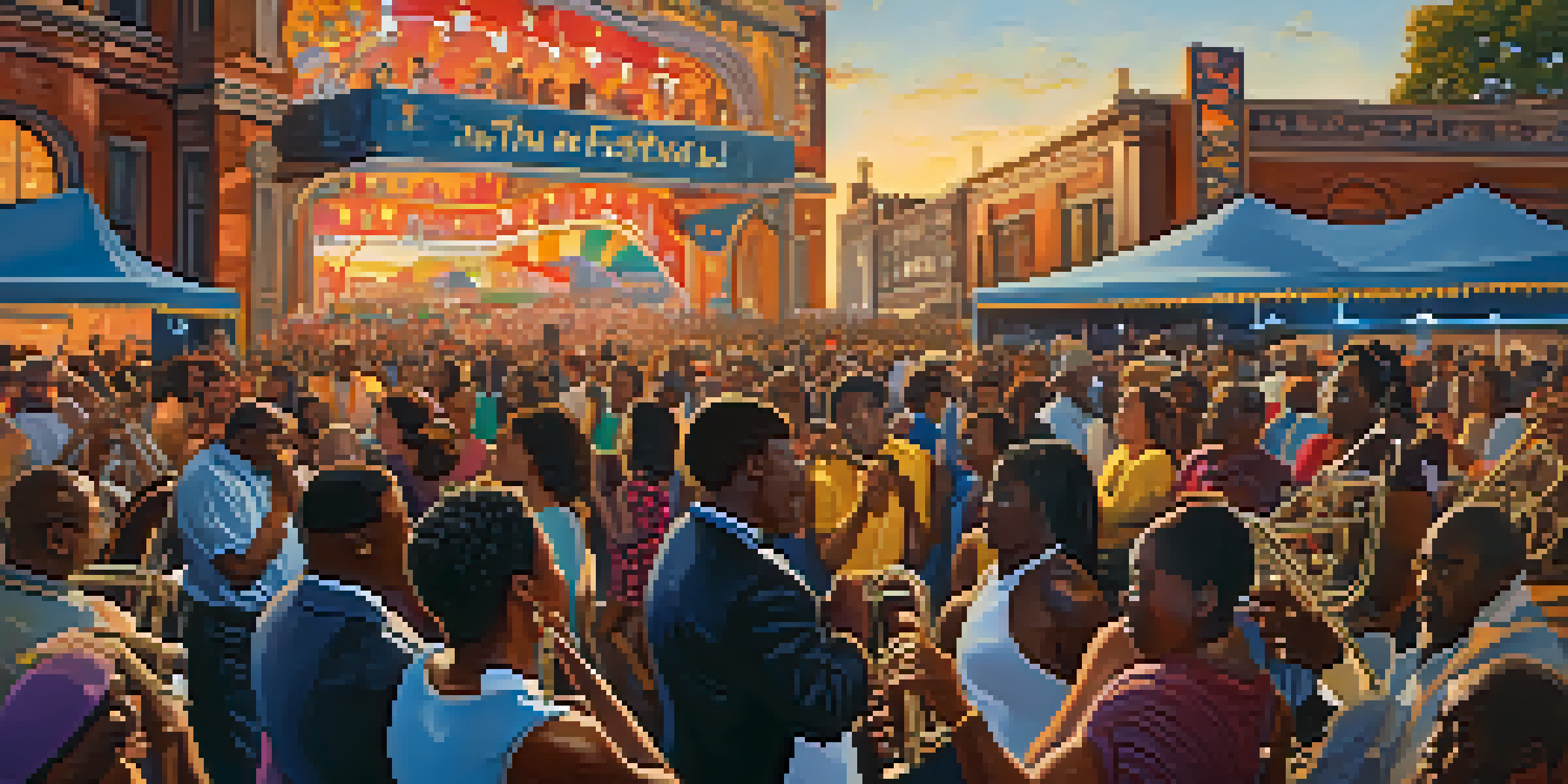 A lively jazz festival scene with musicians performing on stage and an enthusiastic crowd enjoying the music.