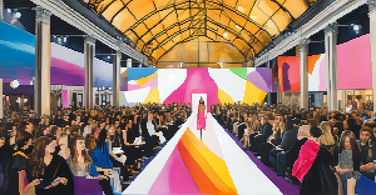 A fashion show featuring models in sustainable clothing designs on a runway, with an engaged audience and colorful lights.