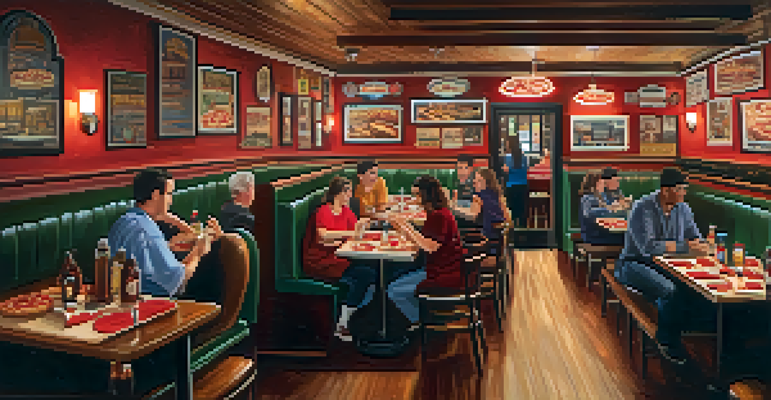The interior of a lively Detroit pizzeria with patrons enjoying slices of pizza and a warm, inviting atmosphere.