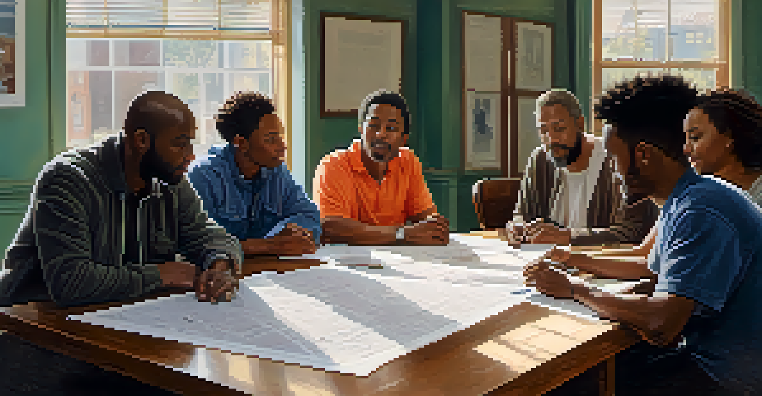 A community meeting in Detroit with residents discussing revitalization plans around a table with blueprints, in a warmly lit room.