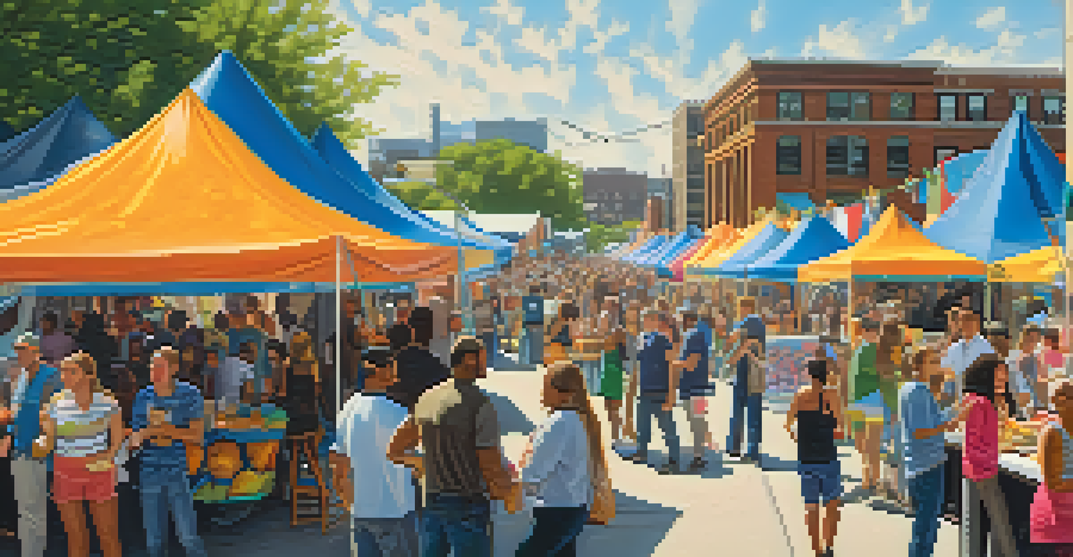 A vibrant community event during the Detroit Design Festival, featuring local artists, food vendors, and performers in a lively atmosphere with colorful decorations.