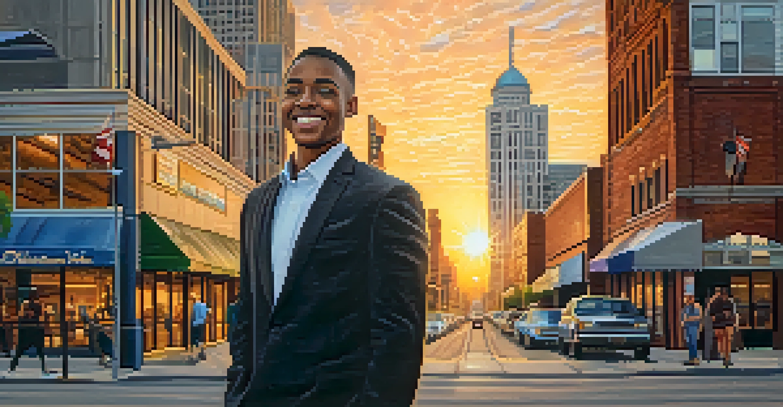 A proud graduate standing in front of a local Detroit business, holding a diploma with a vibrant city backdrop during sunset.