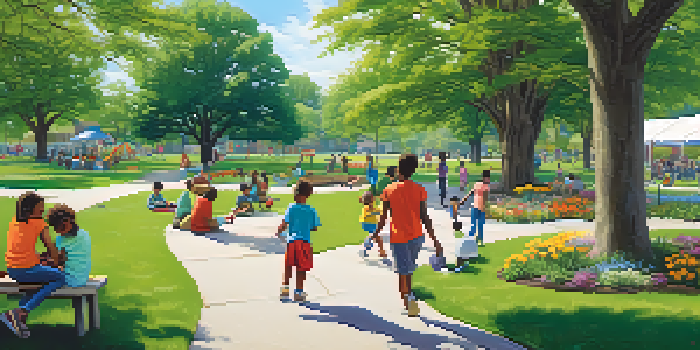 A sunny community park in Detroit with families picnicking, children playing, and people jogging along a path surrounded by green grass and colorful flowers.