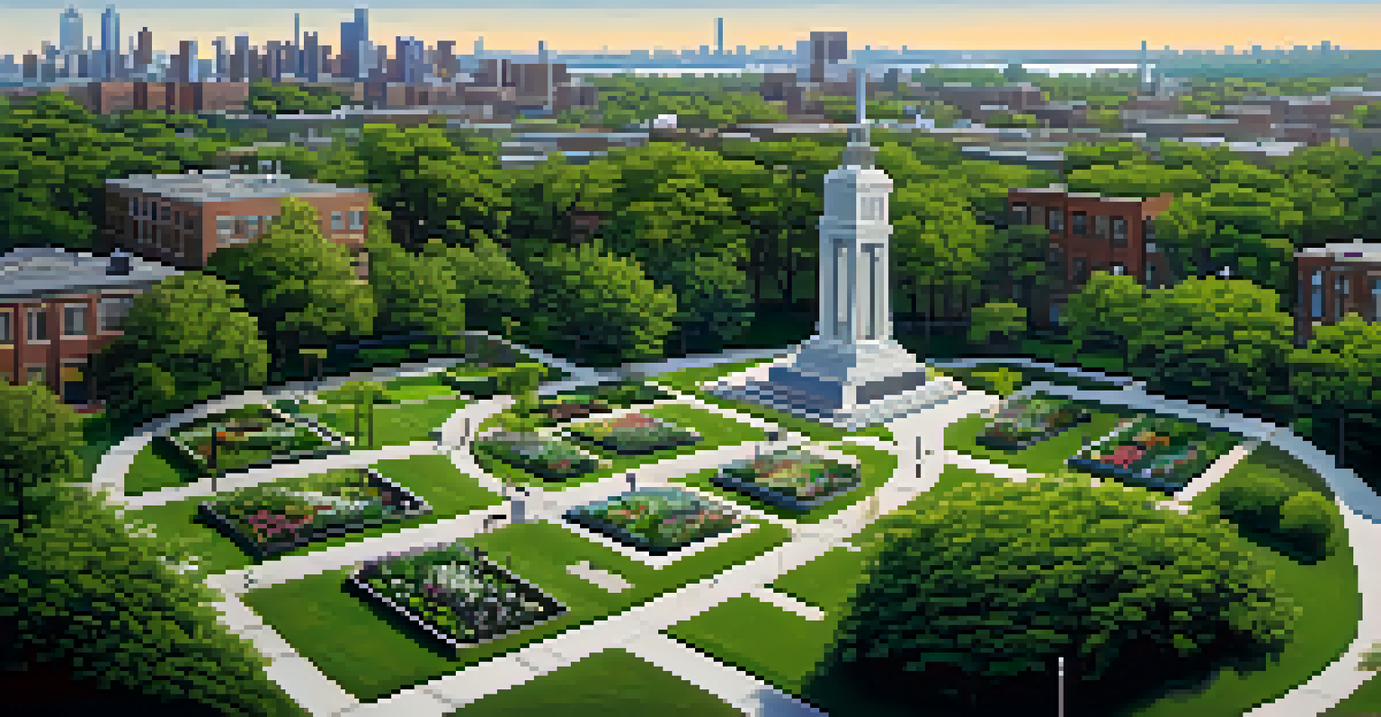 An aerial view of an urban cemetery surrounded by Detroit's cityscape, illustrating the contrast between nature and urban life.