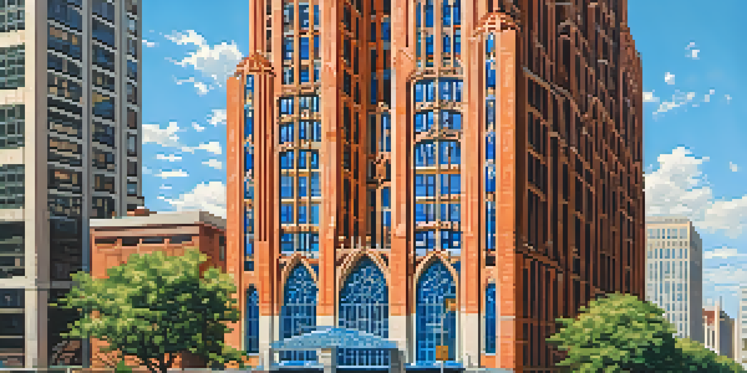 The Guardian Building in Detroit, featuring vibrant blue and orange tiles with intricate Art Deco design, surrounded by trees and people admiring its beauty.