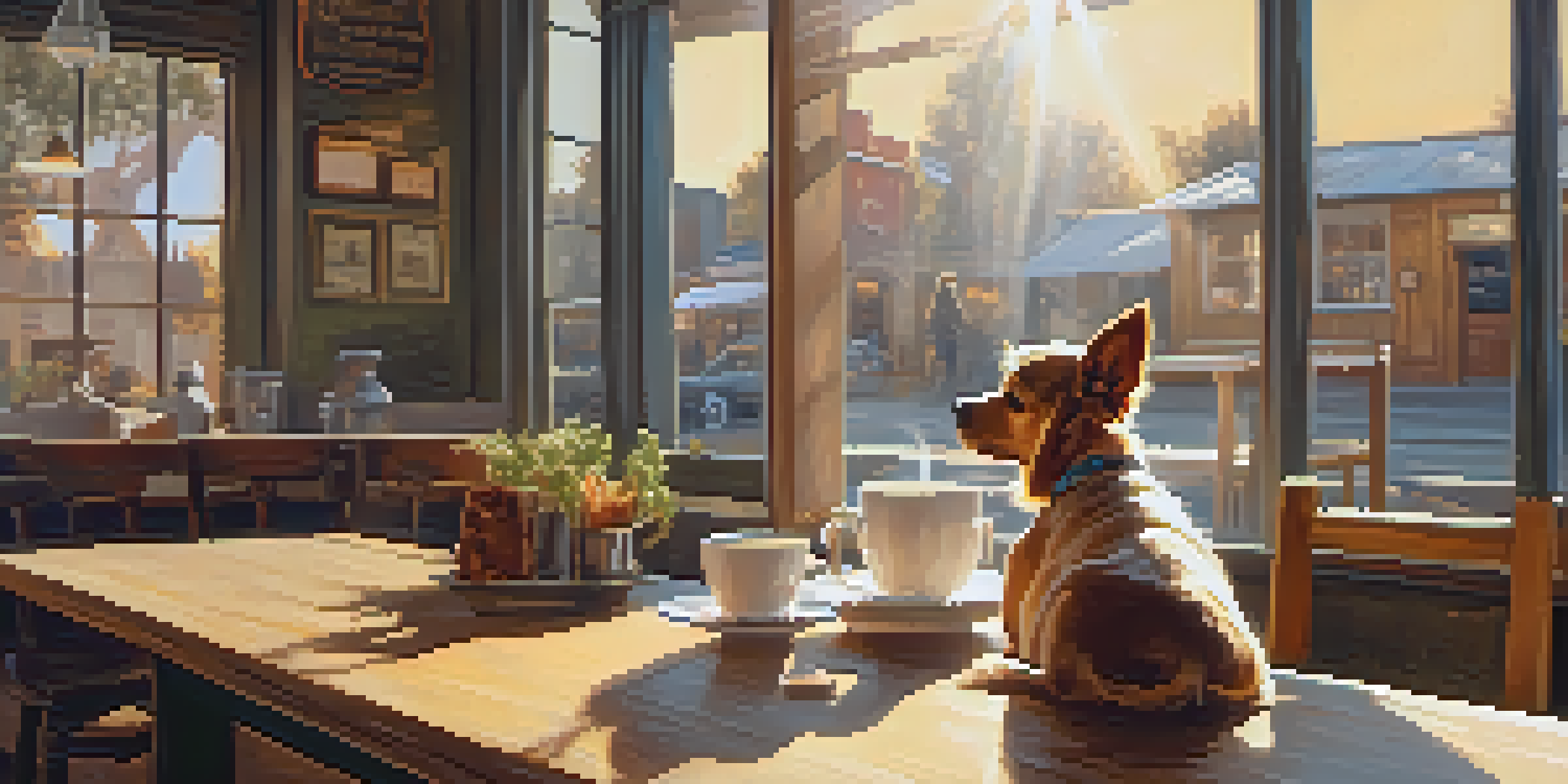 A cozy cafe with a dog relaxing at its owner's feet while the owner drinks coffee, sunlight streaming through the windows.