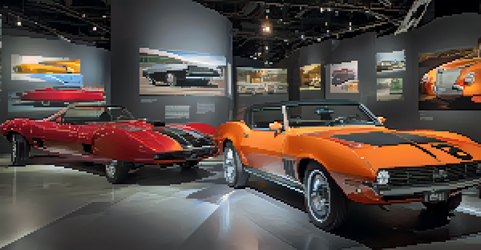 An interactive exhibit in the Detroit Historical Museum showing a timeline of iconic cars with detailed descriptions and modern lighting.