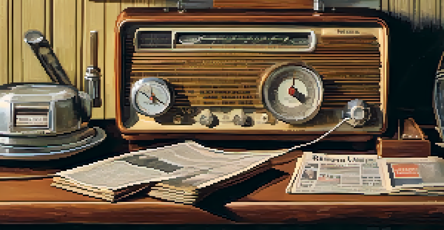 A close-up of an old-fashioned radio and a newspaper with civil rights headlines, set on a wooden table under warm lighting, showcasing the media's role in activism.
