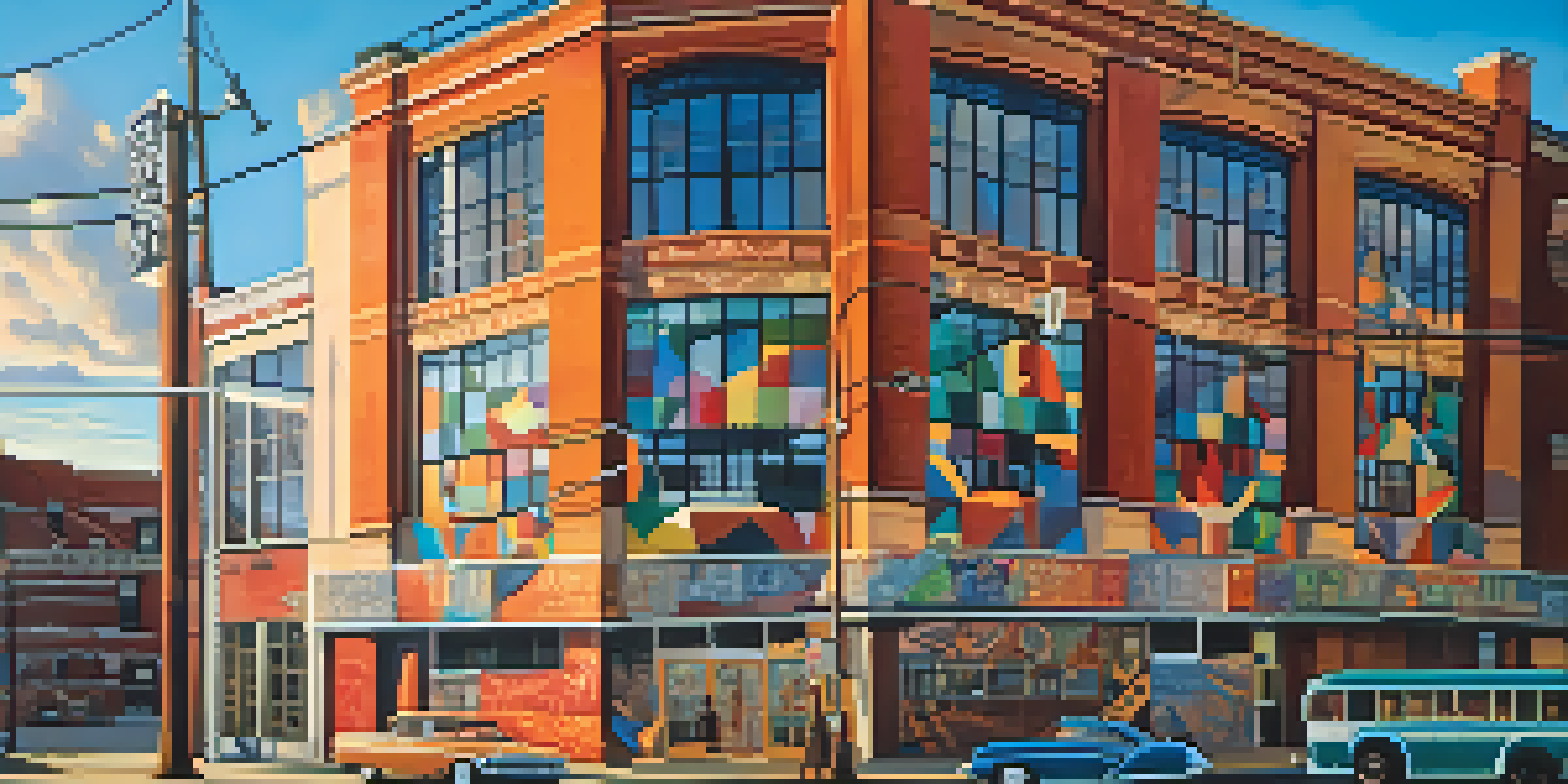 A colorful urban mural representing Detroit's architecture and graphic design, illuminated by golden hour sunlight.