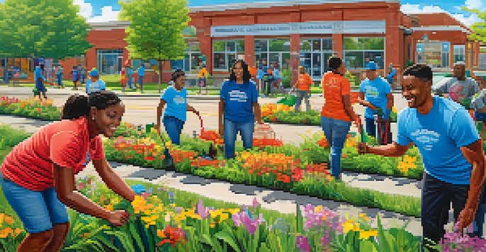 A diverse group of volunteers participating in a neighborhood clean-up project in a community center, surrounded by greenery and flowers.