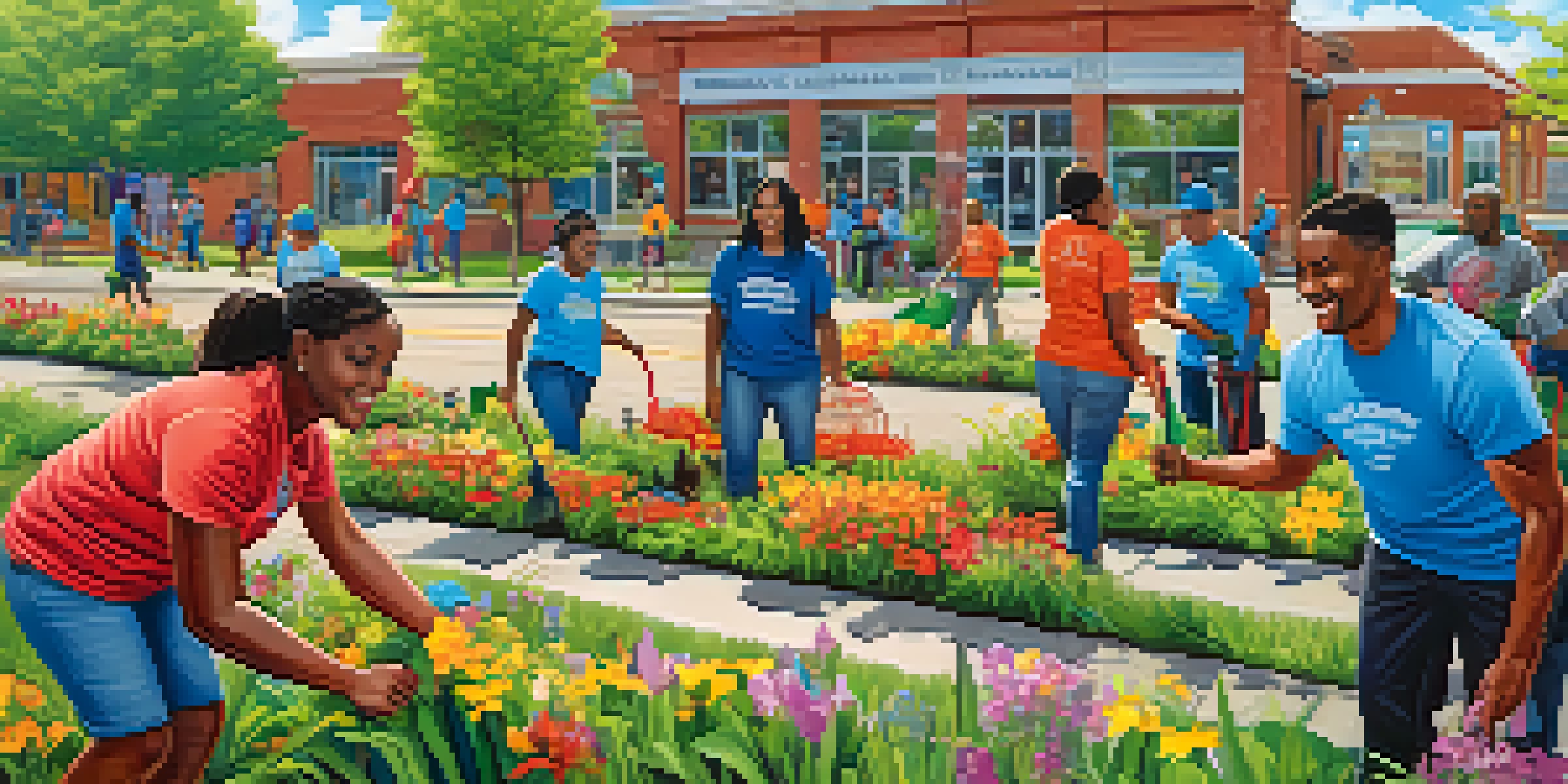 A diverse group of volunteers participating in a neighborhood clean-up project in a community center, surrounded by greenery and flowers.