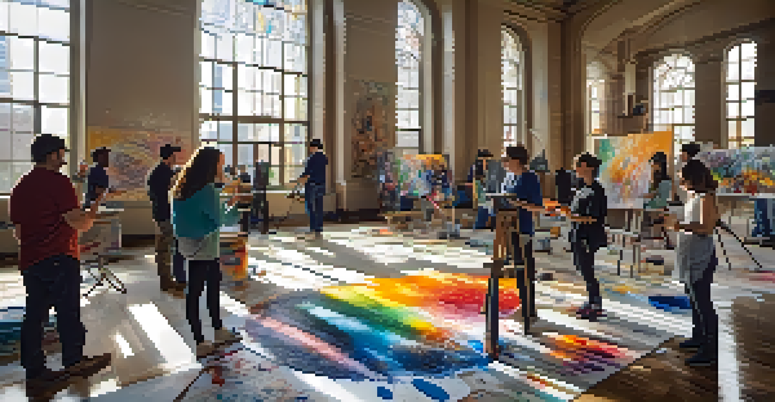 A diverse group of artists collaborating on a mural in a workshop, surrounded by art supplies and bathed in natural sunlight.