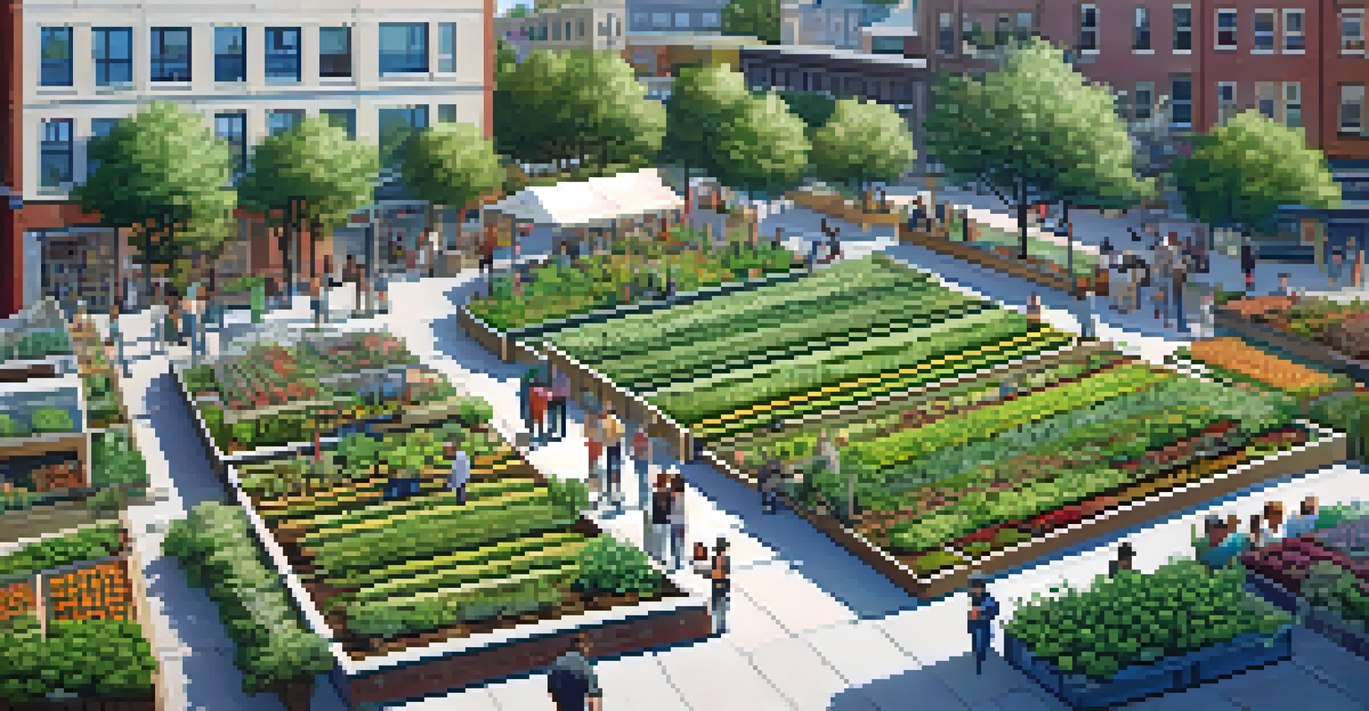 An aerial view of a large community garden surrounded by urban buildings, with people enjoying a meal together amidst the greenery.