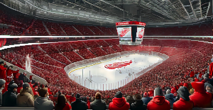 A lively crowd at a Detroit Red Wings game, with fans in jerseys cheering in a brightly lit arena.
