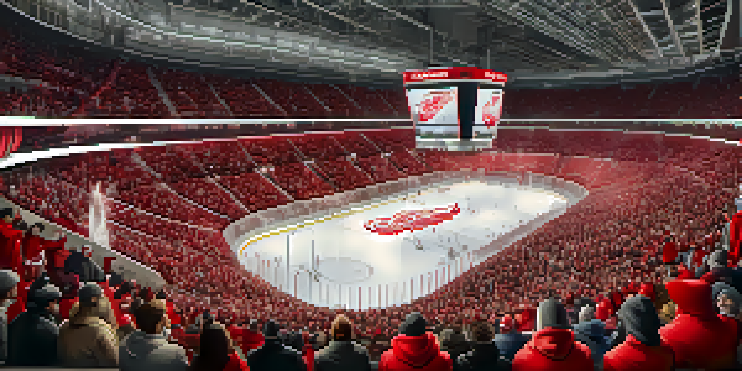 A lively crowd at a Detroit Red Wings game, with fans in jerseys cheering in a brightly lit arena.