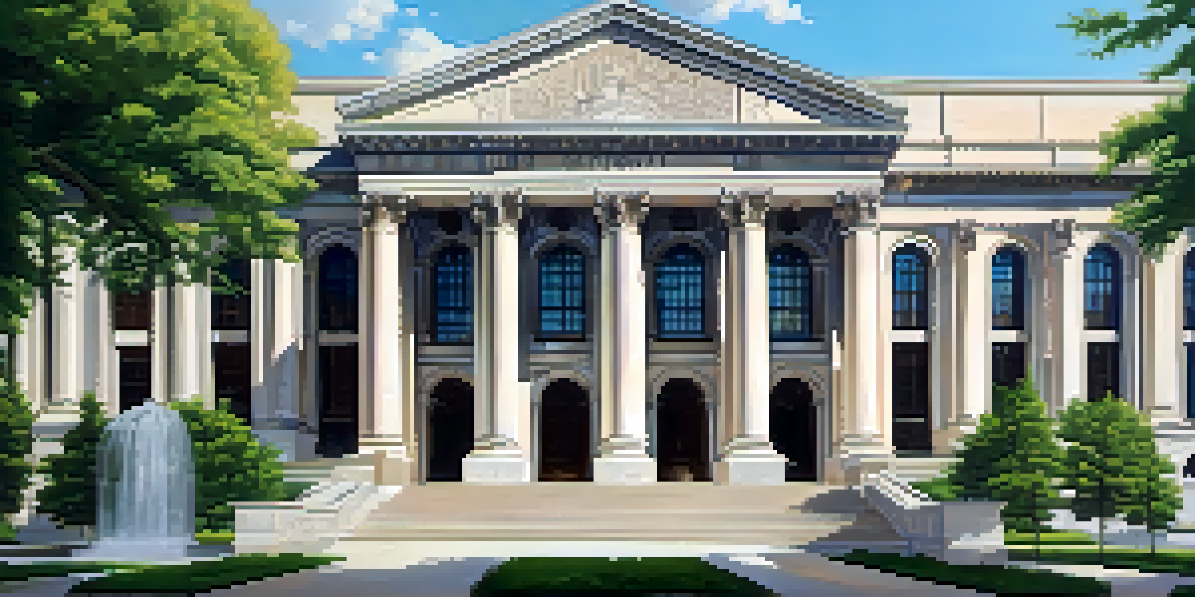 A grand entrance of the Detroit Public Library with marble columns and intricate murals, surrounded by greenery and illuminated by soft sunlight.