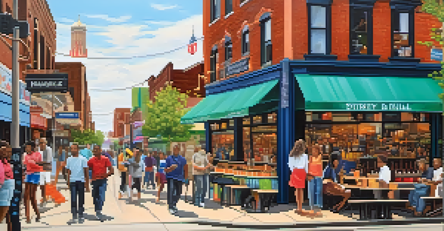 A vibrant street scene in Detroit showcasing local businesses and diverse community interactions.