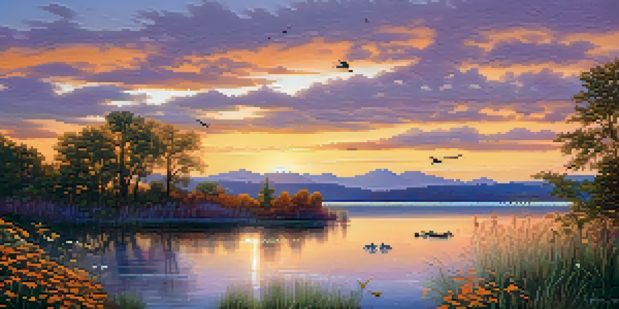 A sunset view over the Great Lakes, with colorful reflections in the water and native plants in the foreground, alongside ducks swimming.