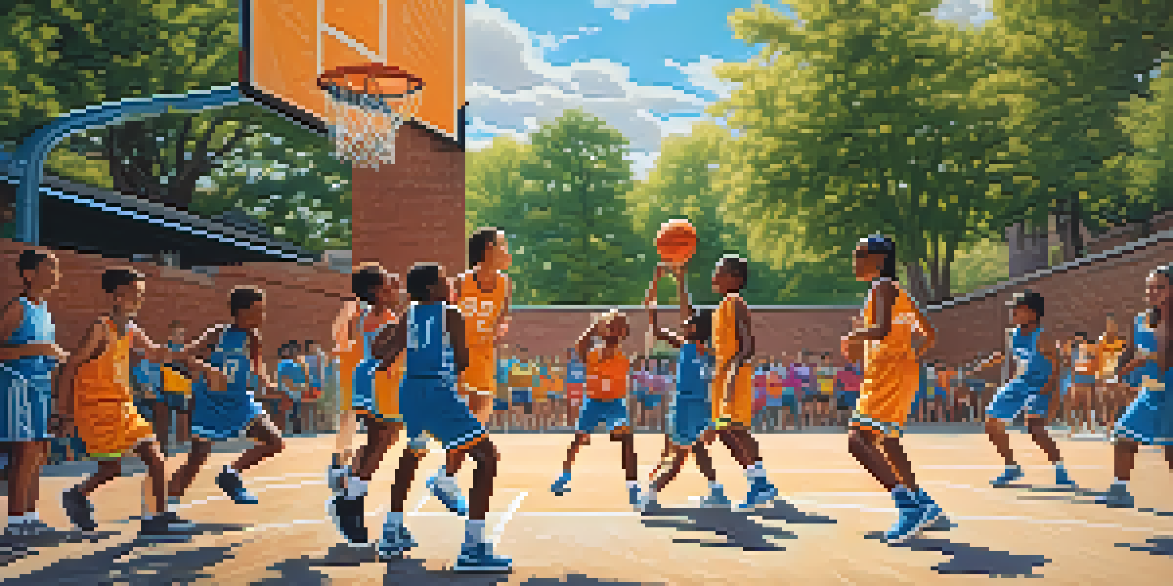 A diverse group of young athletes playing basketball in an urban park, surrounded by colorful murals and families cheering.