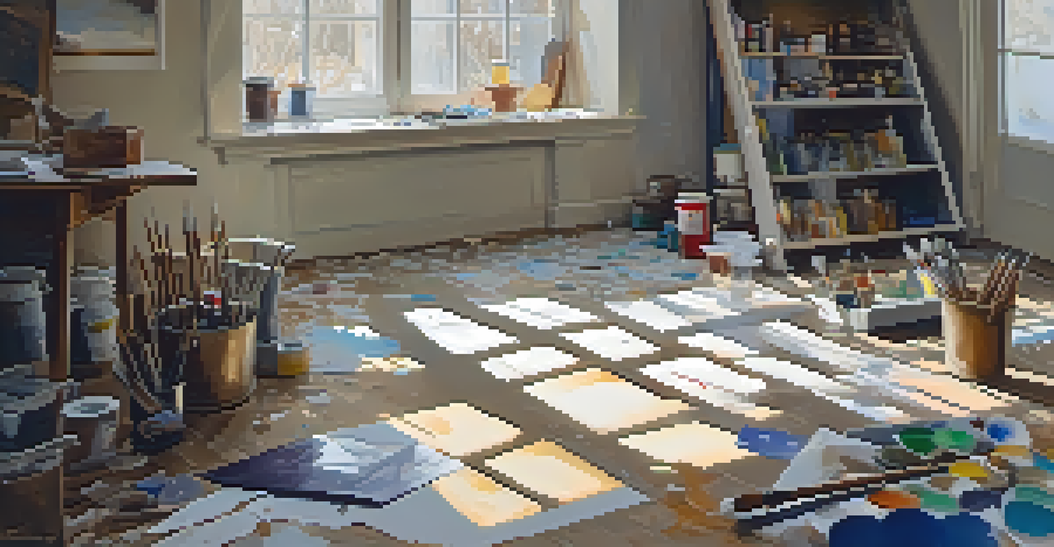 An artist's workspace filled with canvases, paint splatters, and brushes, illuminated by soft natural light from a window.