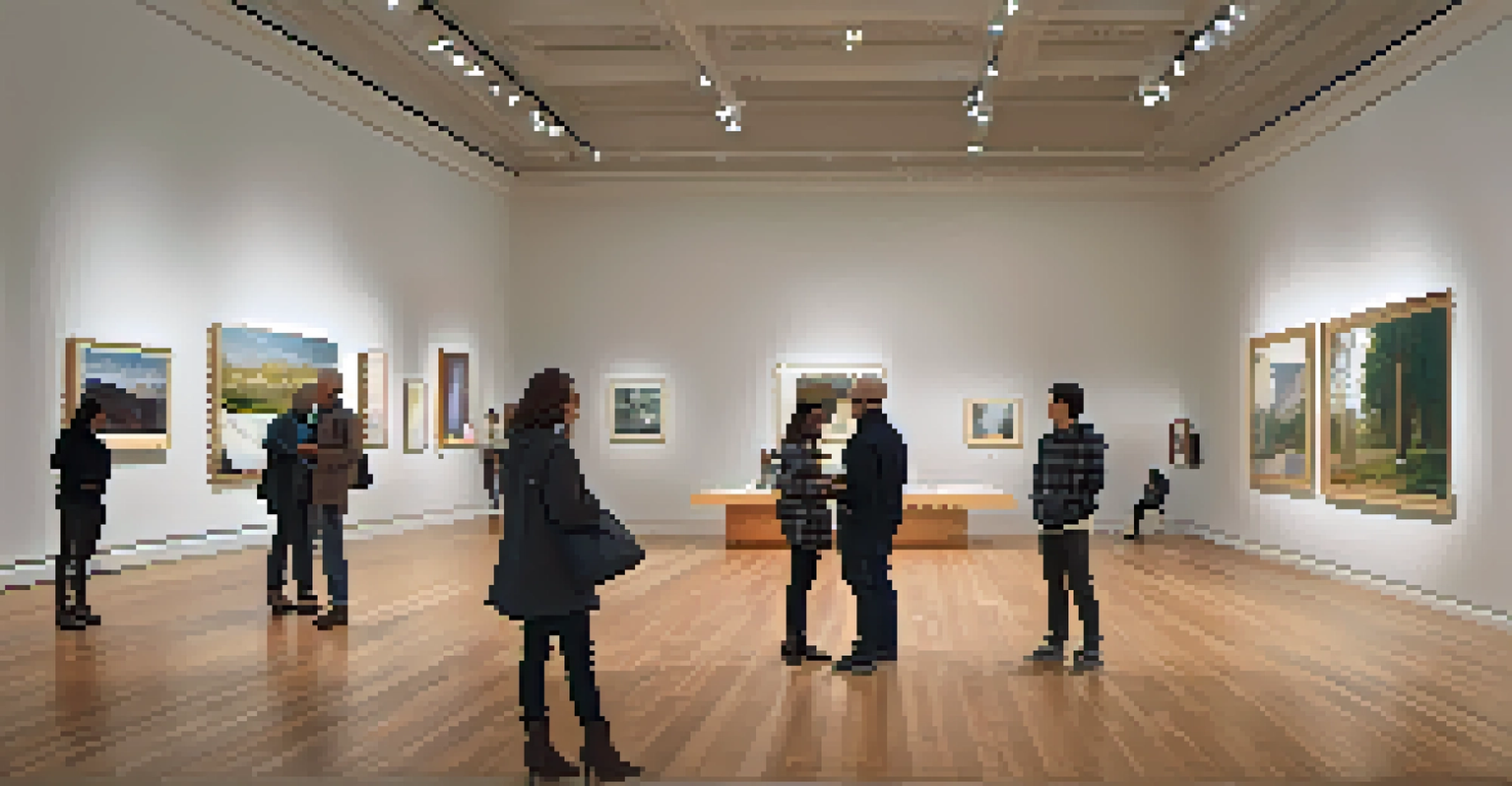 An art gallery interior in Detroit showcasing various artworks with natural light and visitors discussing the pieces.