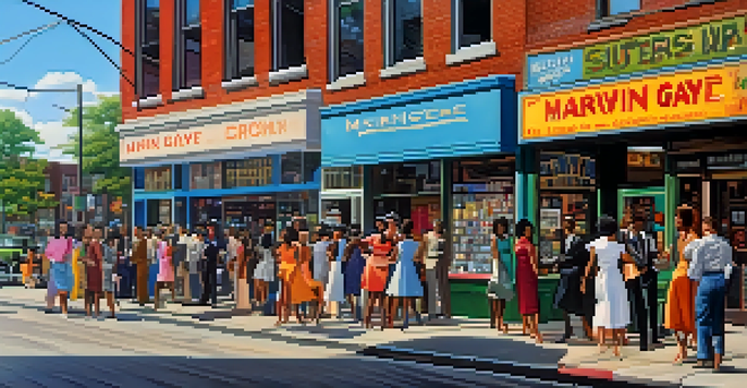 A lively Motown record store in 1960s Detroit with colorful posters, diverse people enjoying music, and a bright sunny sky.