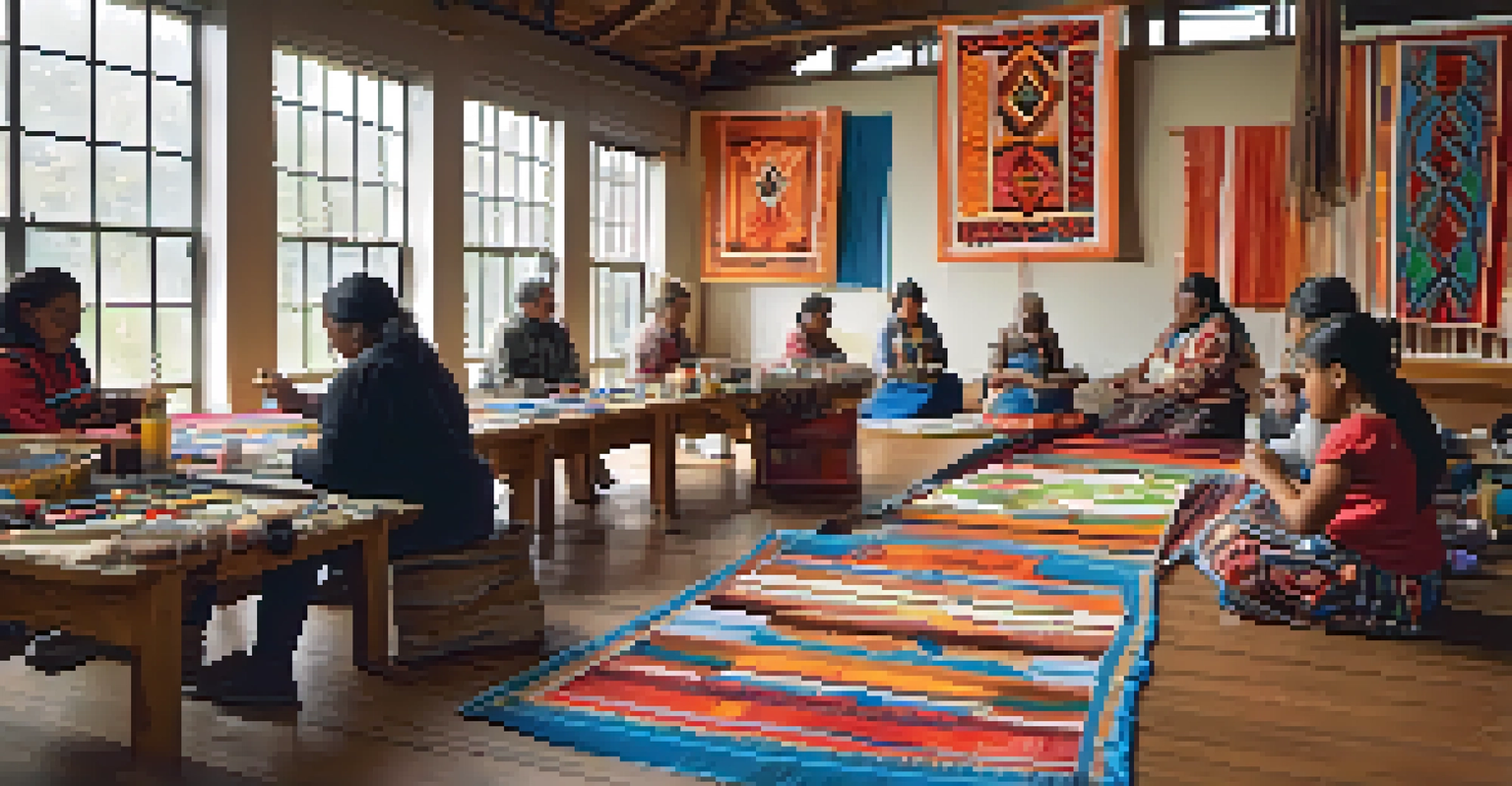 A workshop in a community center where Indigenous artists teach traditional crafts to participants of all ages, surrounded by vibrant materials and art.
