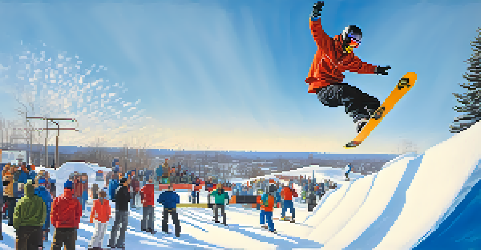 Snowboarder performing a trick in mid-air at the Detroit Ski Club with spectators.