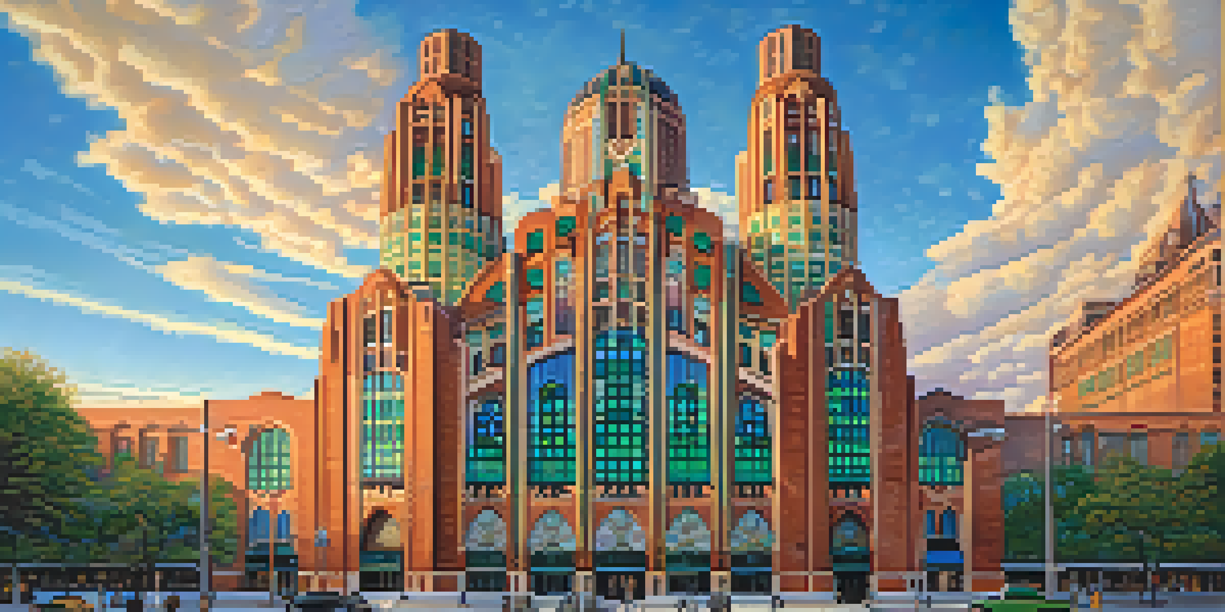 A photo of the Guardian Building in Detroit, emphasizing its intricate Art Deco design with vibrant tiles and geometric patterns, set against a sunset background with people admiring it.