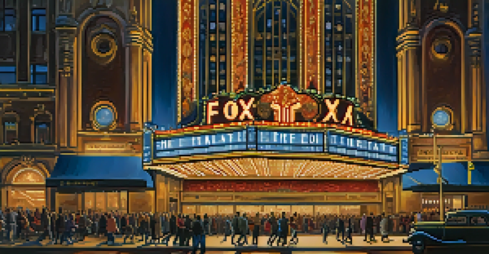A lively night scene of the Fox Theatre in Detroit, illuminated with golden lights and a crowd of diverse people gathered outside.