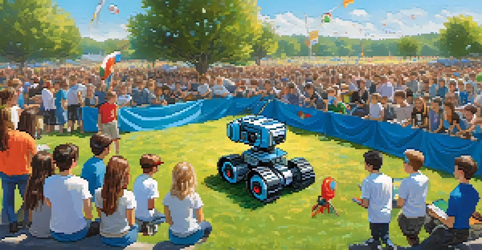 Students participating in an outdoor robotics competition, with spectators cheering and colorful robots navigating obstacles under a clear blue sky.