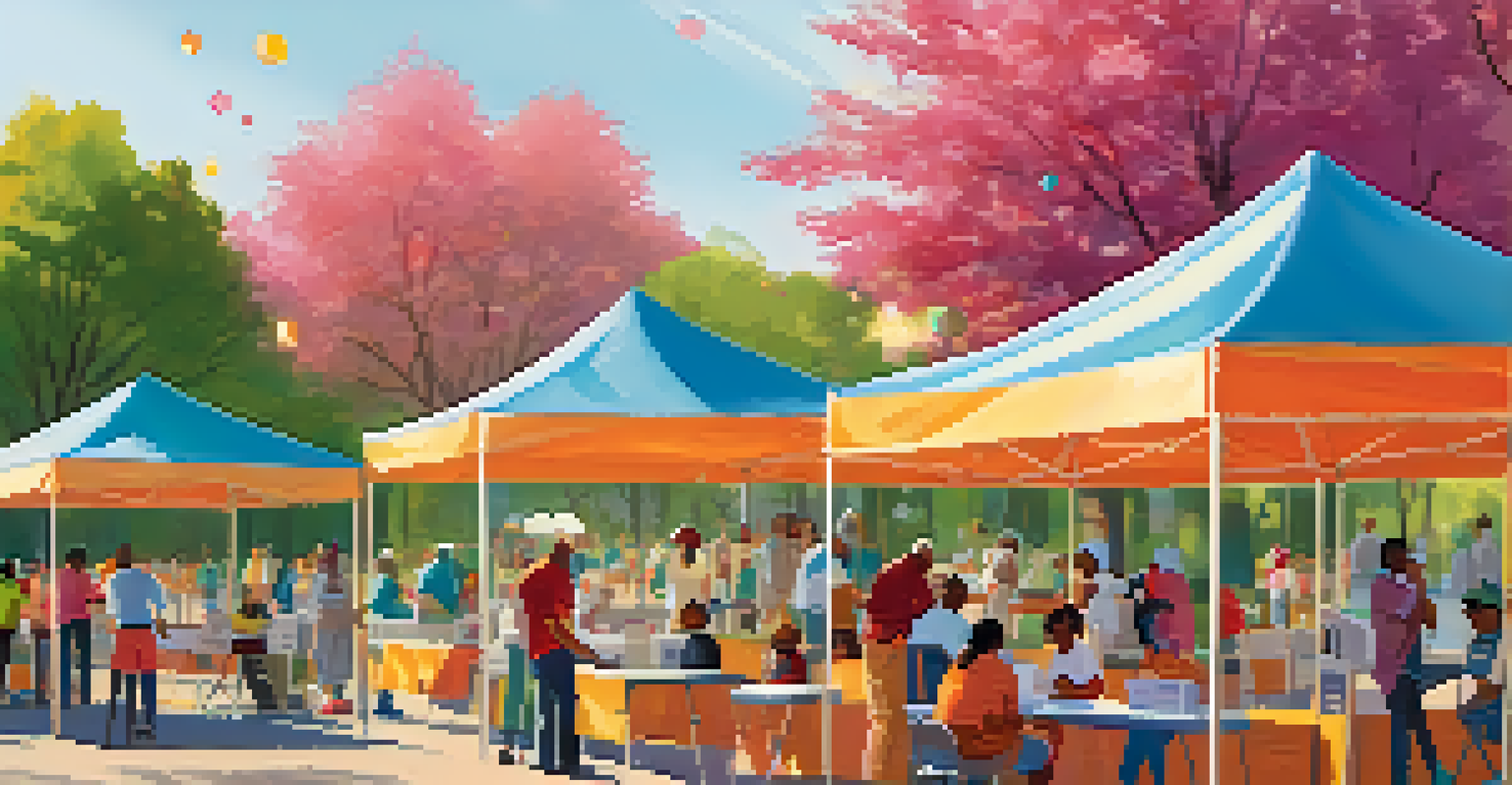 A community health screening fair in a park with residents receiving health checks from professionals under colorful tents.