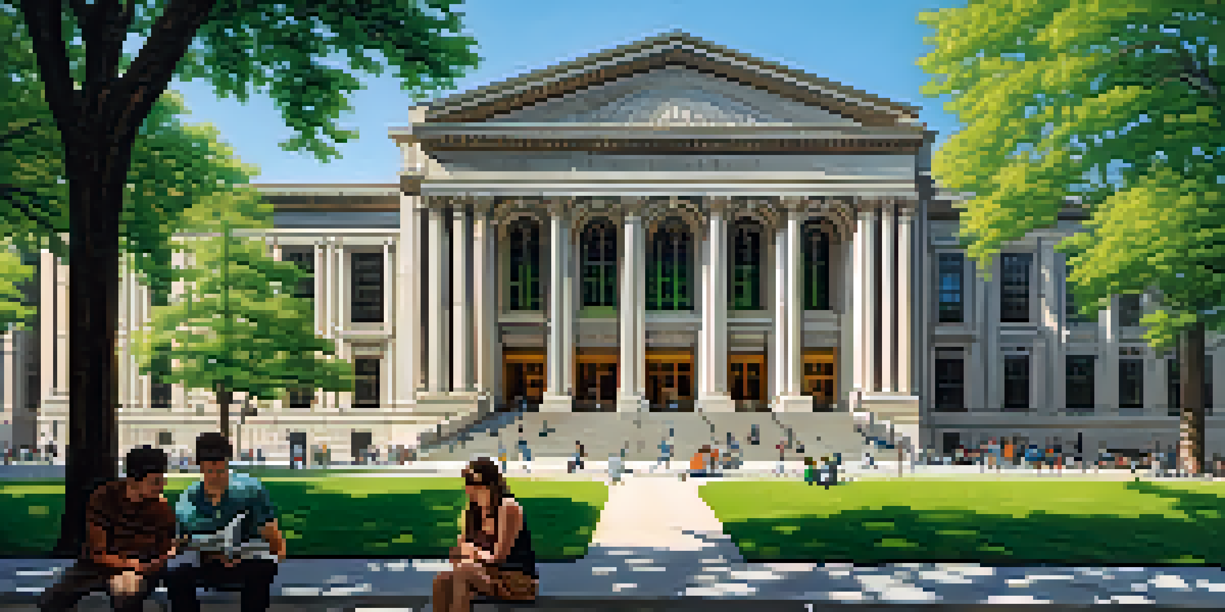 A wide view of the Detroit Public Library with sunlight illuminating its architecture and people enjoying the outdoor reading area.