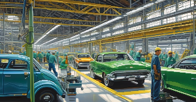 A busy Detroit automotive factory with assembly lines producing electric vehicles, illuminated by natural light.