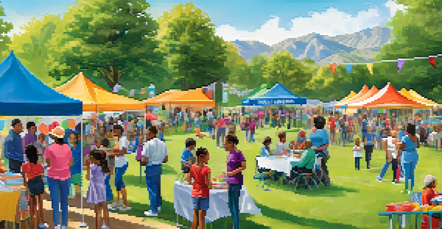 A vibrant community health fair with families interacting with health professionals, showcasing various booths and activities promoting healthy lifestyles.