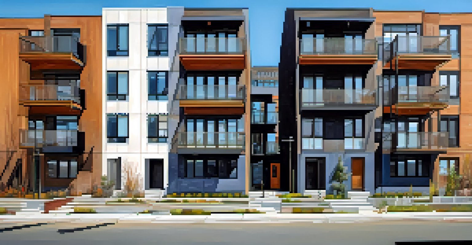 A luxury apartment complex adjacent to an older affordable housing building, showcasing the contrast between new development and existing neighborhoods.