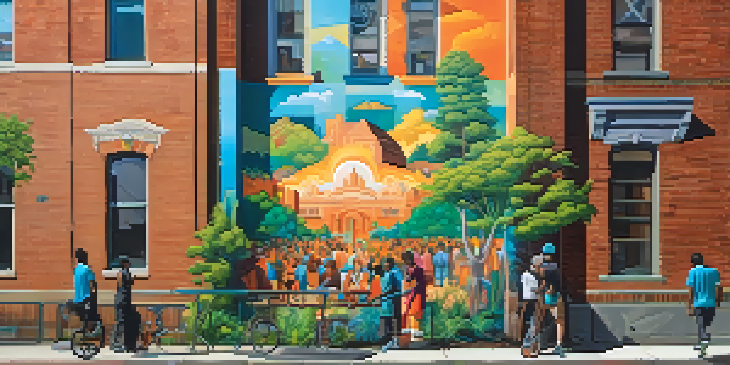 A colorful mural on a brick wall in a Detroit street, surrounded by greenery and historic buildings, illuminated by warm golden hour light.