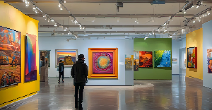 A lively art gallery in Detroit filled with colorful artworks and diverse visitors engaging with the pieces.