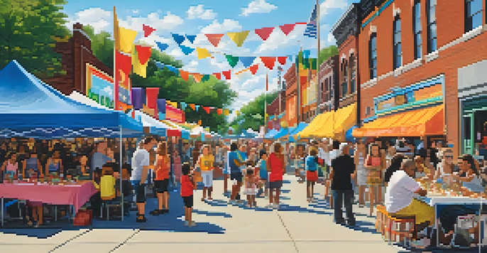 A lively community festival with colorful booths, families enjoying food, and musicians performing, set in a sunny Detroit ambiance.