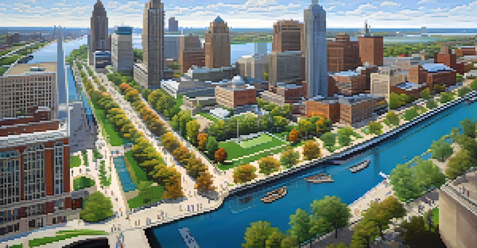 An aerial view of the Detroit Riverwalk with people enjoying the park, pathways, and the city skyline in the background.