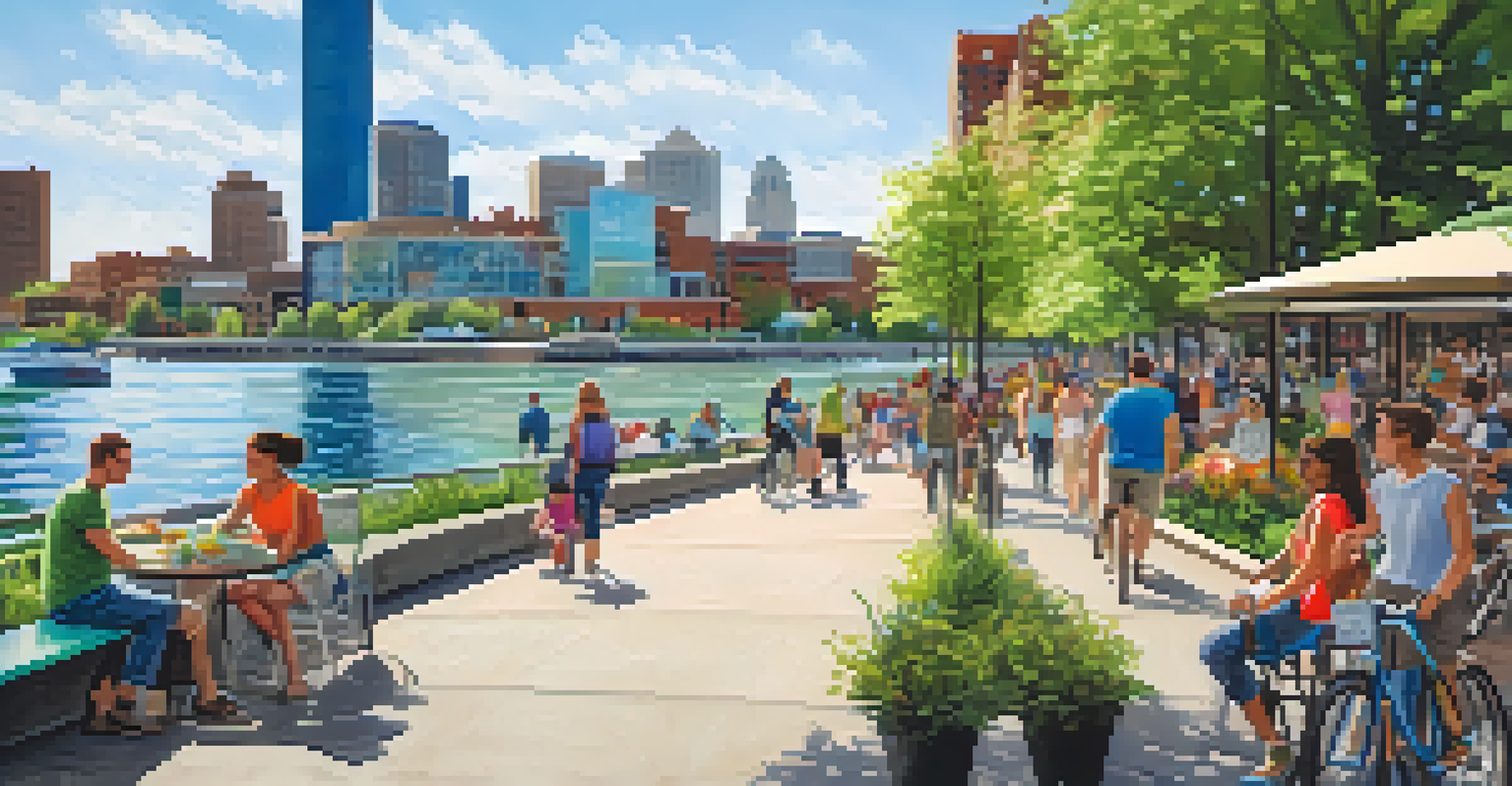 A lively community space along the Detroit RiverWalk with people engaging in activities, surrounded by modern amenities and greenery.