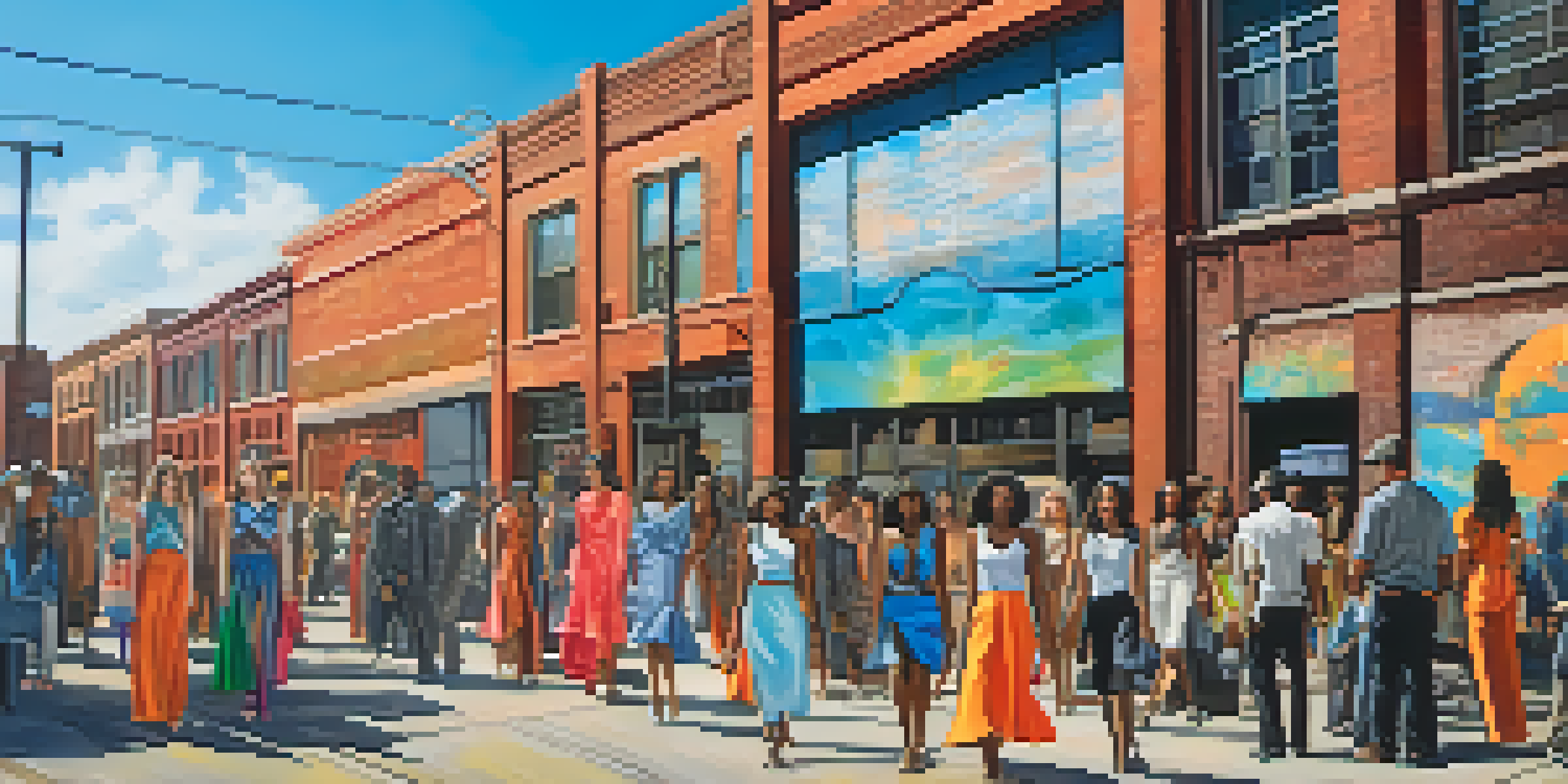 A lively street scene in Detroit with models displaying unique sustainable outfits, surrounded by industrial buildings and colorful murals.