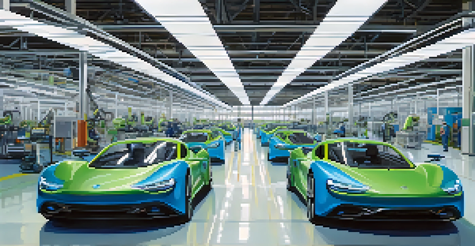 The interior of a modern electric vehicle manufacturing plant with robotic arms and technicians at work.