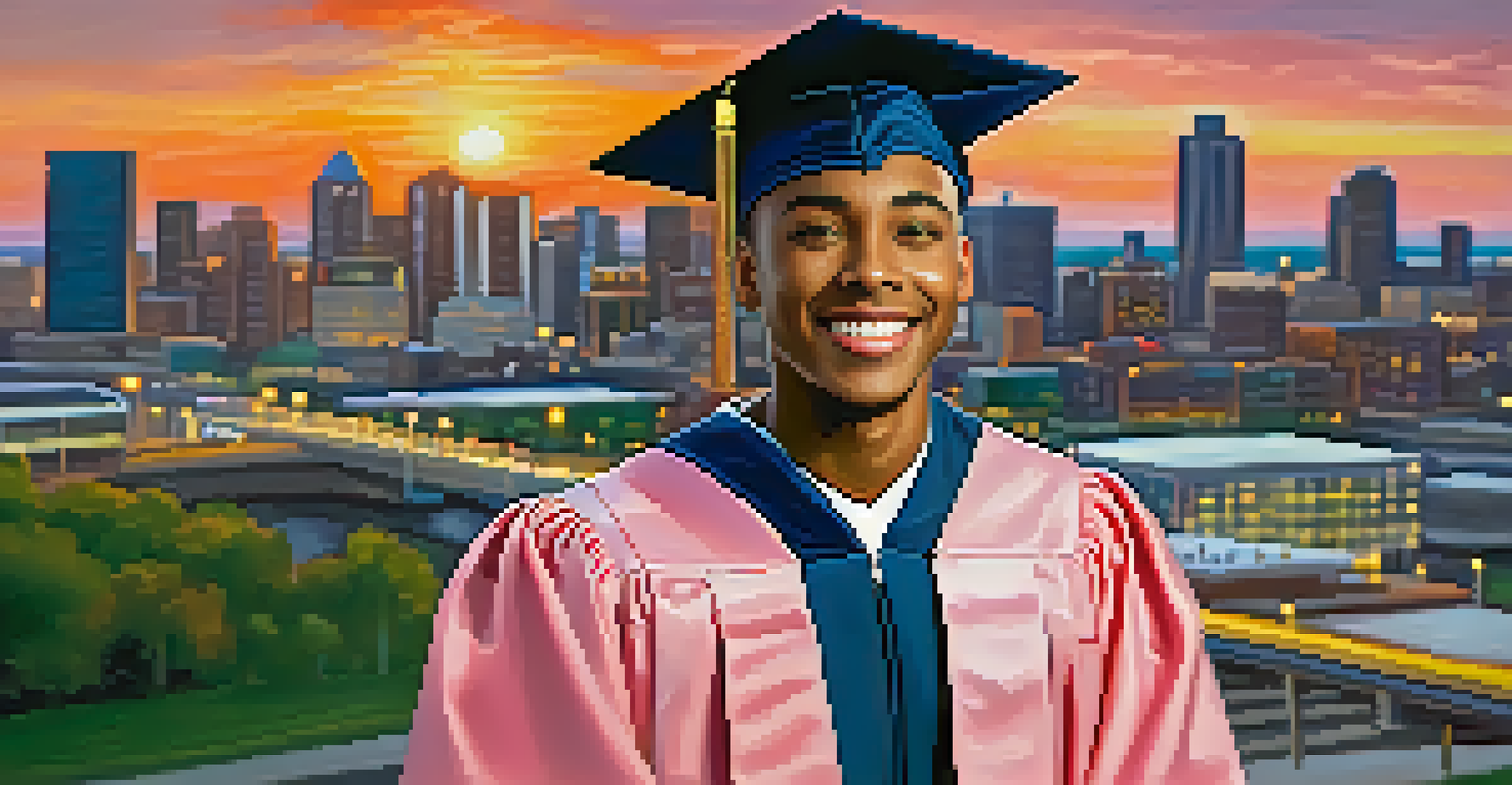 A community college graduate in cap and gown standing in front of the Detroit skyline, holding a diploma and smiling.