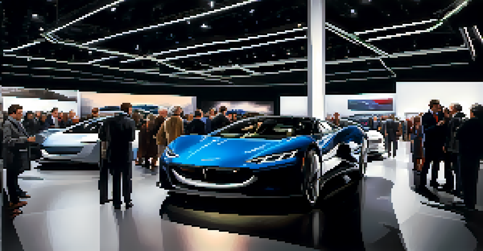 A lively Detroit Auto Show with a crowd admiring electric vehicles under bright lights and futuristic designs.