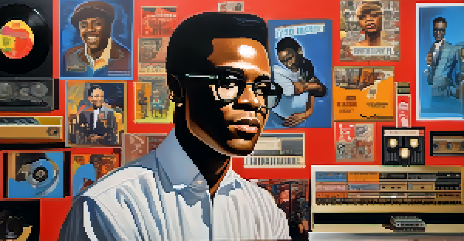A stylized portrait of a Motown artist in 1960s fashion, surrounded by musical notes and memorabilia, showcasing confidence and cultural impact.
