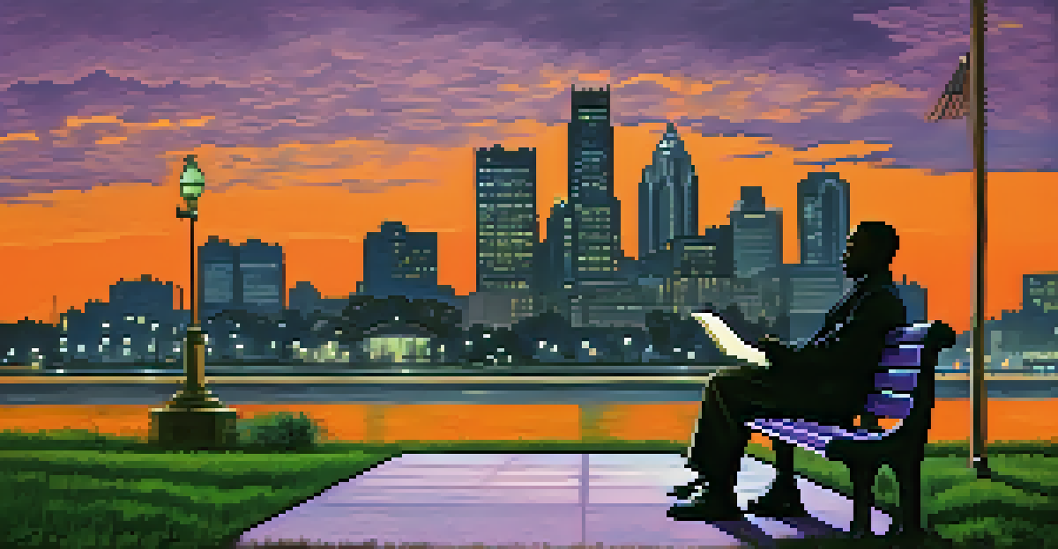 Detroit skyline at dusk with a young African American writer on a park bench, writing in a notebook, against a colorful sky.